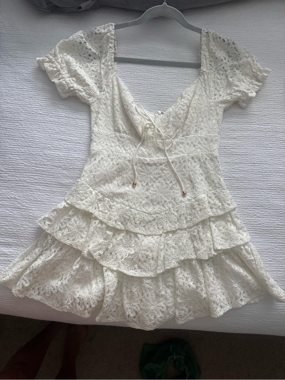 Olivaceous White Lace Tiered Romper with V-Neck Tie